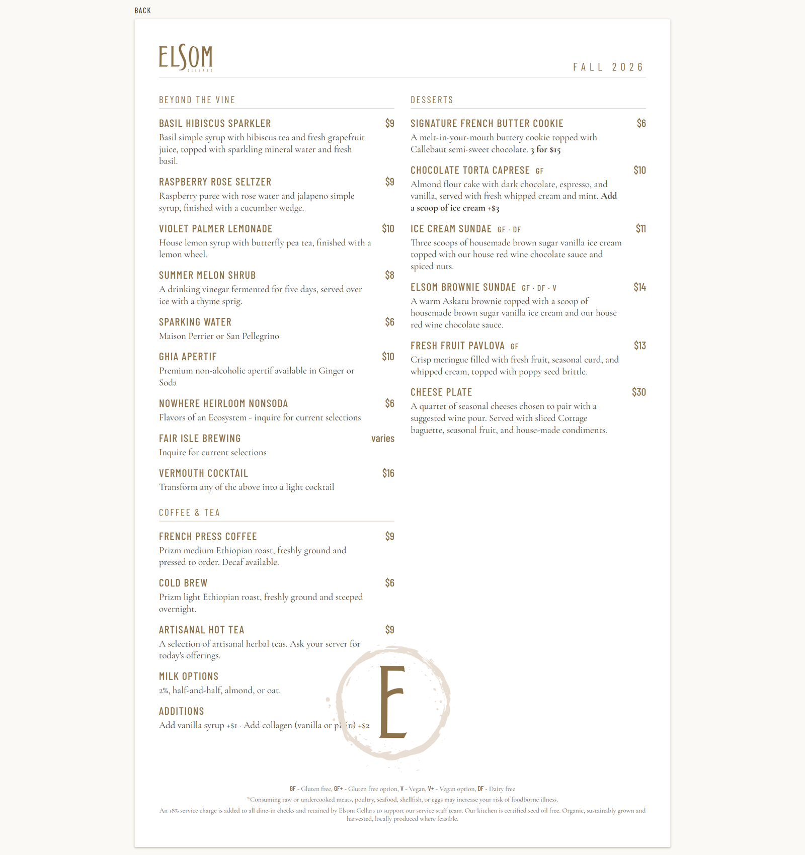 Back side of the food menu preview with drinks, coffee and desserts and the Elsom E watermark