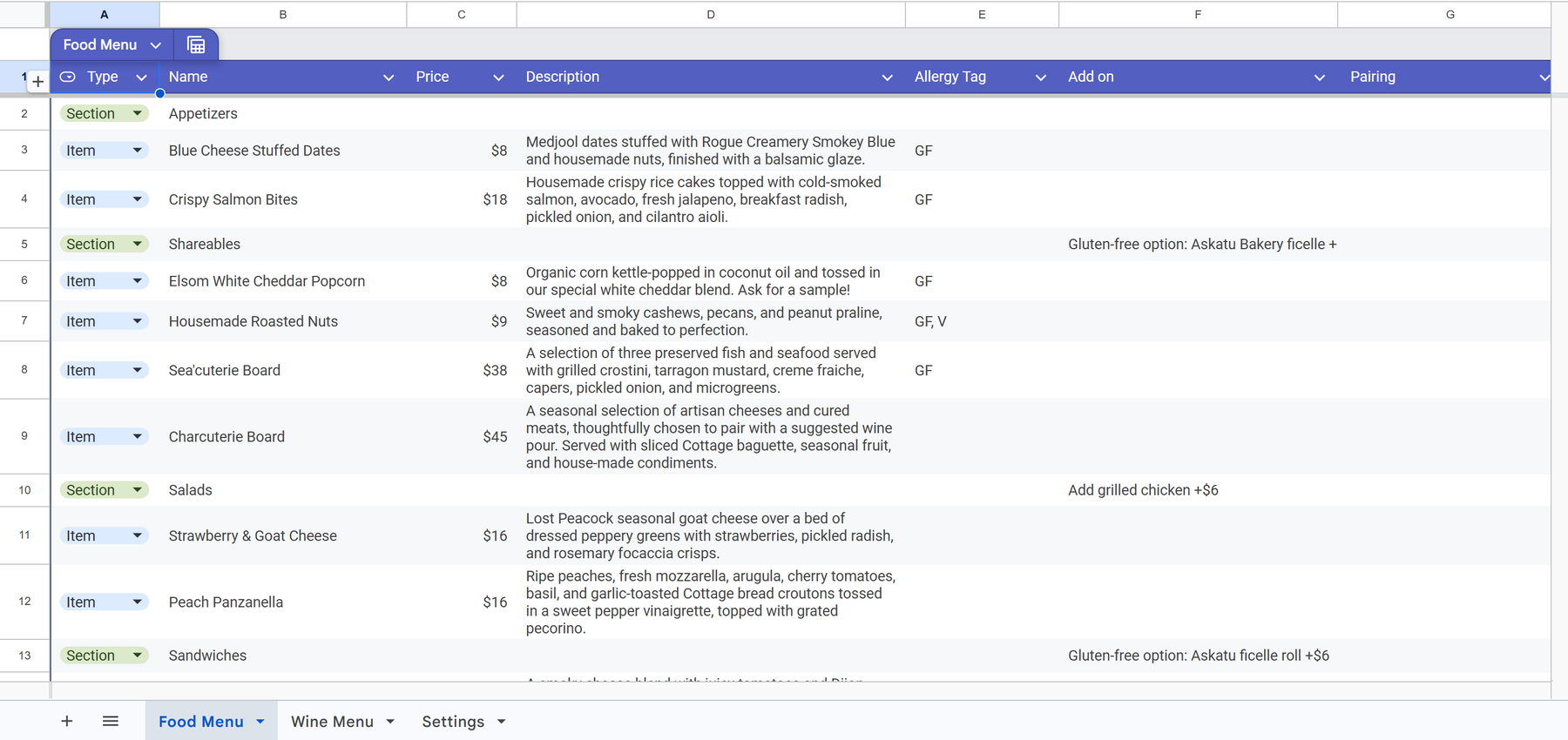 The Elsom Cellars master menu spreadsheet: Type, Name, Price, Description, Allergy Tag, Add on and Pairing columns, with Food Menu, Wine Menu and Settings tabs
